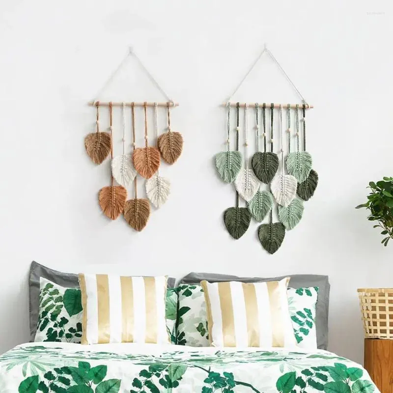 Taquestres de tapeçaria de folhas artesanais decoração de parede de corda de algodão boho com penas falsas fios feitos à mão tecidos para casa