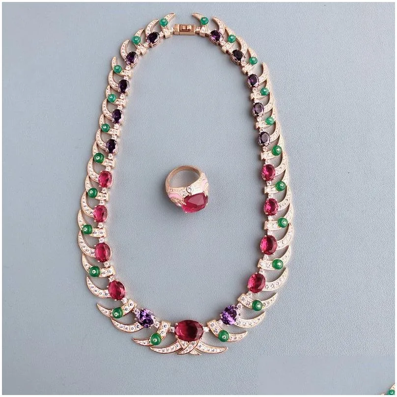 Bruiloft sieraden sets designer collectie stijl luxueuze ketting ring vrouwen dame inleg rood paars kubieke zirkoon diamant imitatie ru dhccc