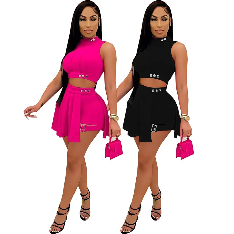 Designer Summer Skirt Sets Plus size 3XL 4XL Women Sleeveless Shirt Crop Top and Pleated Mini Skirt Two Piece Sets Casual Solid Outfits Bulk Wholesale Clothing 11032