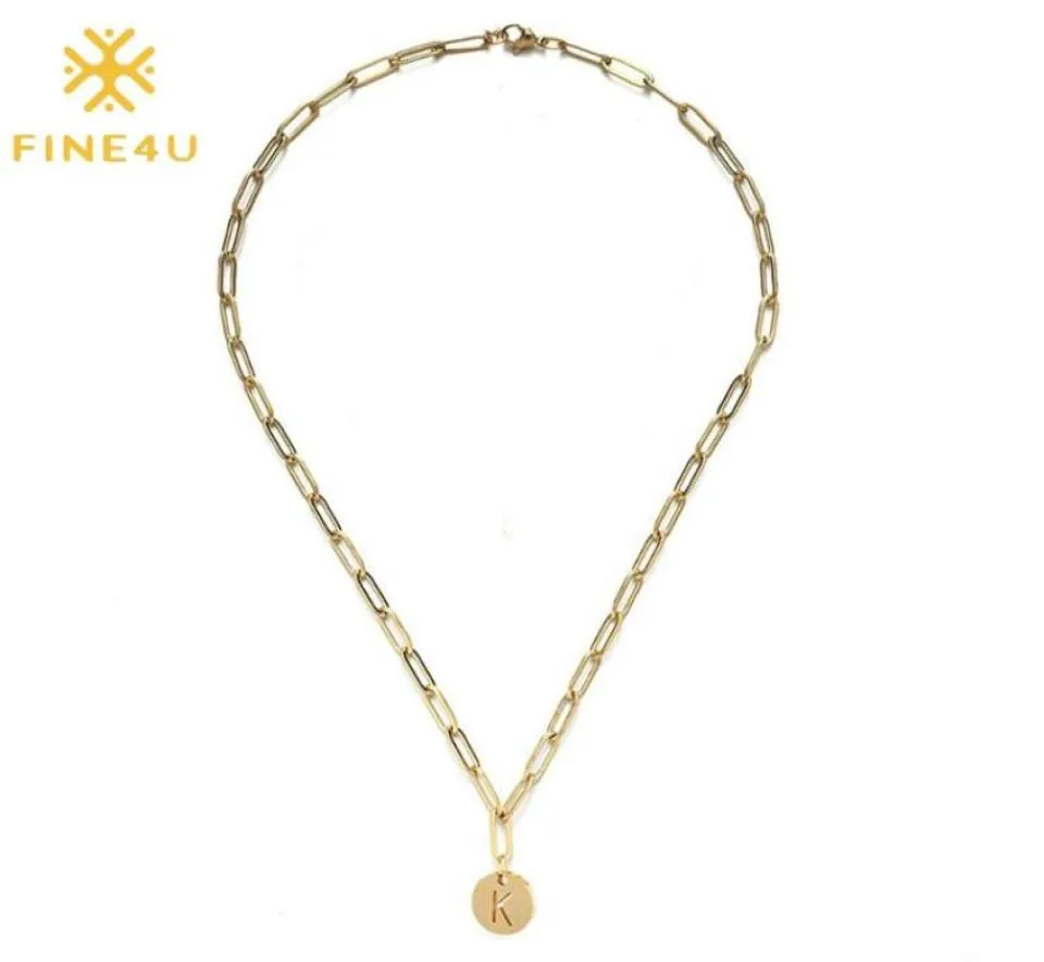 Pendant Necklaces FINE4U N775 Gold Color Letter Paperclip Chain Stainless Steel Initial Necklace Alphabet AZ Teens Kids Birthday 4667778