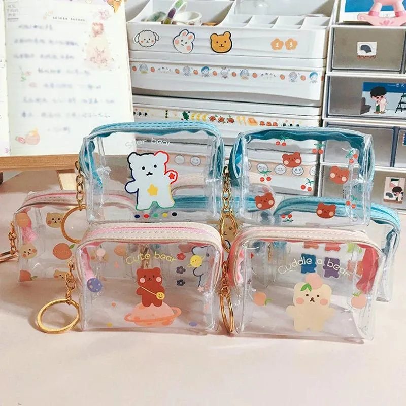 Opbergzakken Clear Coin Pouch PVC Plastic Turn Turn Kawaii Cartoon Kleine dingen waterdichte wisselzak met sleutelring thuisbenodigdheden