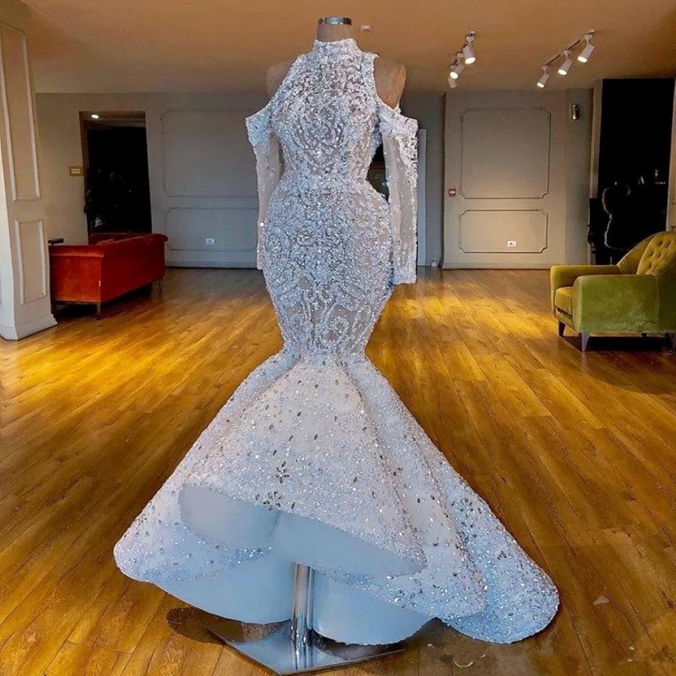 Luxuriöse Meerjungfrau 2020 Neue afrikanische Dubai Brautkleider hoher Hals Perlenkristalle Brautkleider Langarmes Hochzeitskleider 2057 239z
