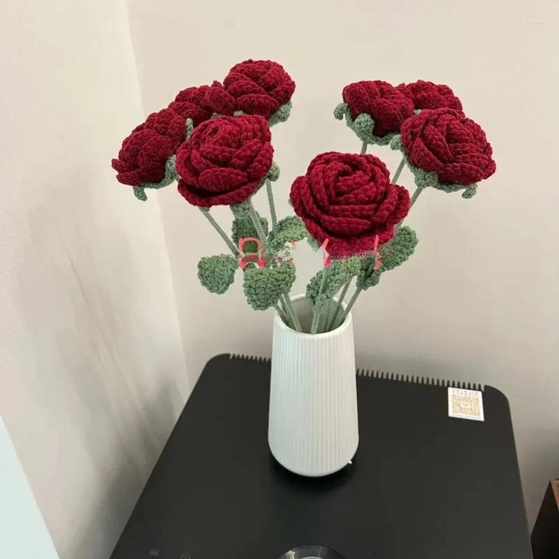 Decorative Flowers Artificial Flower Living Room Decoration Burgundy Roses Single Bouquet Wedding Fake Dried Ornaments