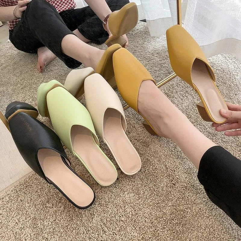 Slippers Women's High Heels Mules Casual Shoes 2024 mode polyvalent baotou mi-noir beige vert zapatillas mujer