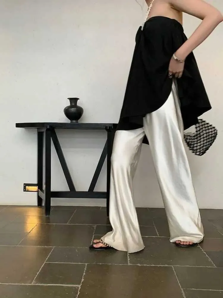 Calças femininas Capris Deeptown cetim calças de perna larga para mulheres elegantes calças brancas bolsa casual para o verão coreano 2024 Escritório de mulheres usa calça preta