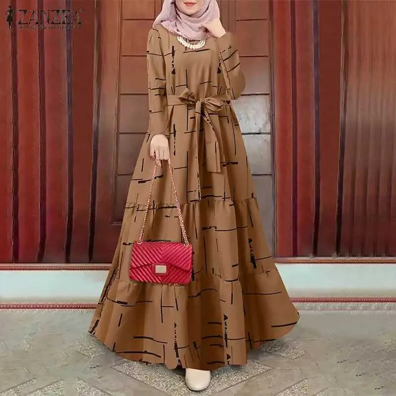 DHgate.com:ZANZEA Spring Muslim Dress for Women: Stylish Printed Long  Sundress with Belt:Apparel