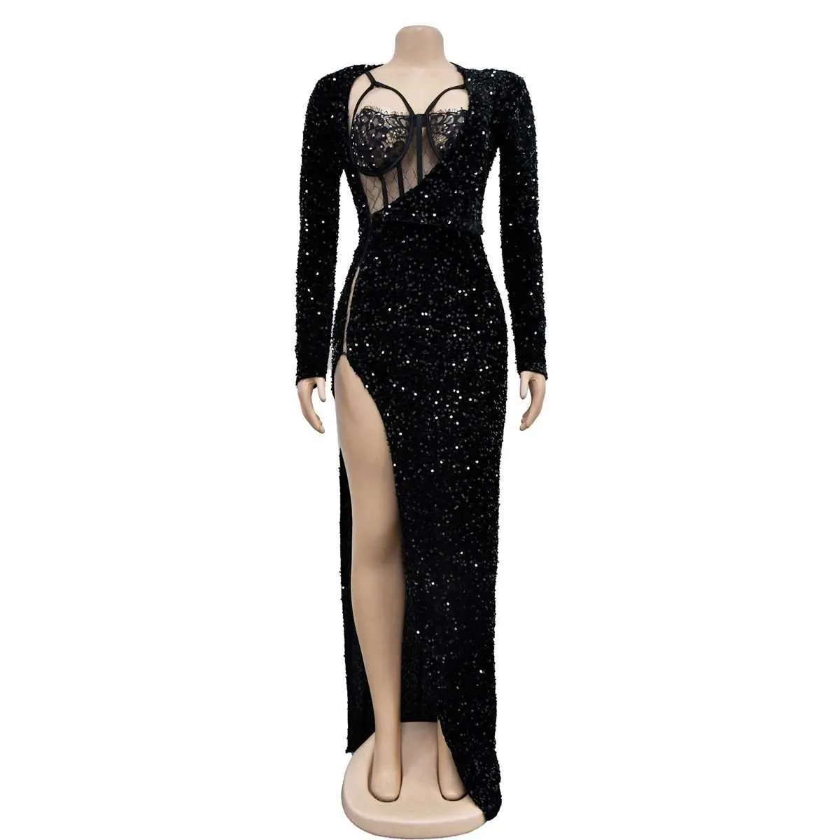 Womens Sequin Maxi Dress Sheer Long Sleeve Lace Patchwork High Slit Sparkly Maxi  Dress for Evening from Dhgate Urban Sexy Dresses - price 19.76