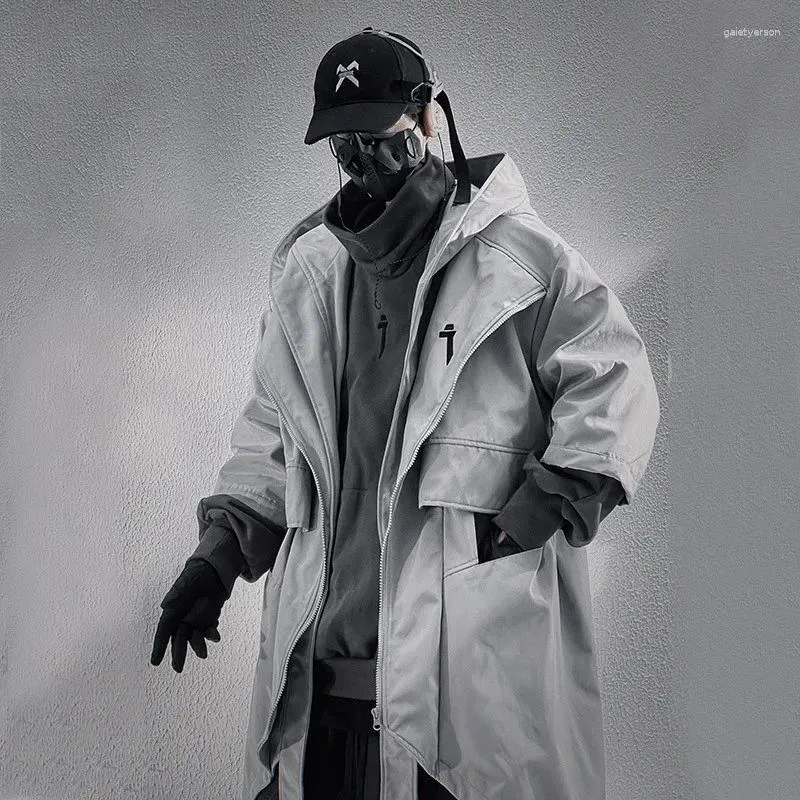 Trench Coats 2024 Punk Hip Hop Techwear Hooded Coat Mens Mens Irrégulaire Design Half-Streeve Street Casual Long Jacket Cloak