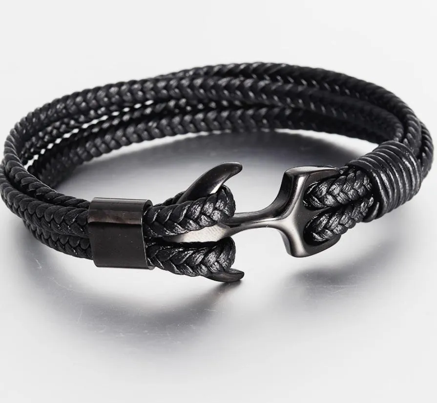 Bracelet d'ancrage noir punk à la mode chaîne de corde en cuir à la main pour men039 Metal Sports Hook Bracelet Bijoux Gifts6147357