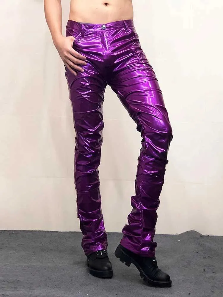 Purple shiny pants sales