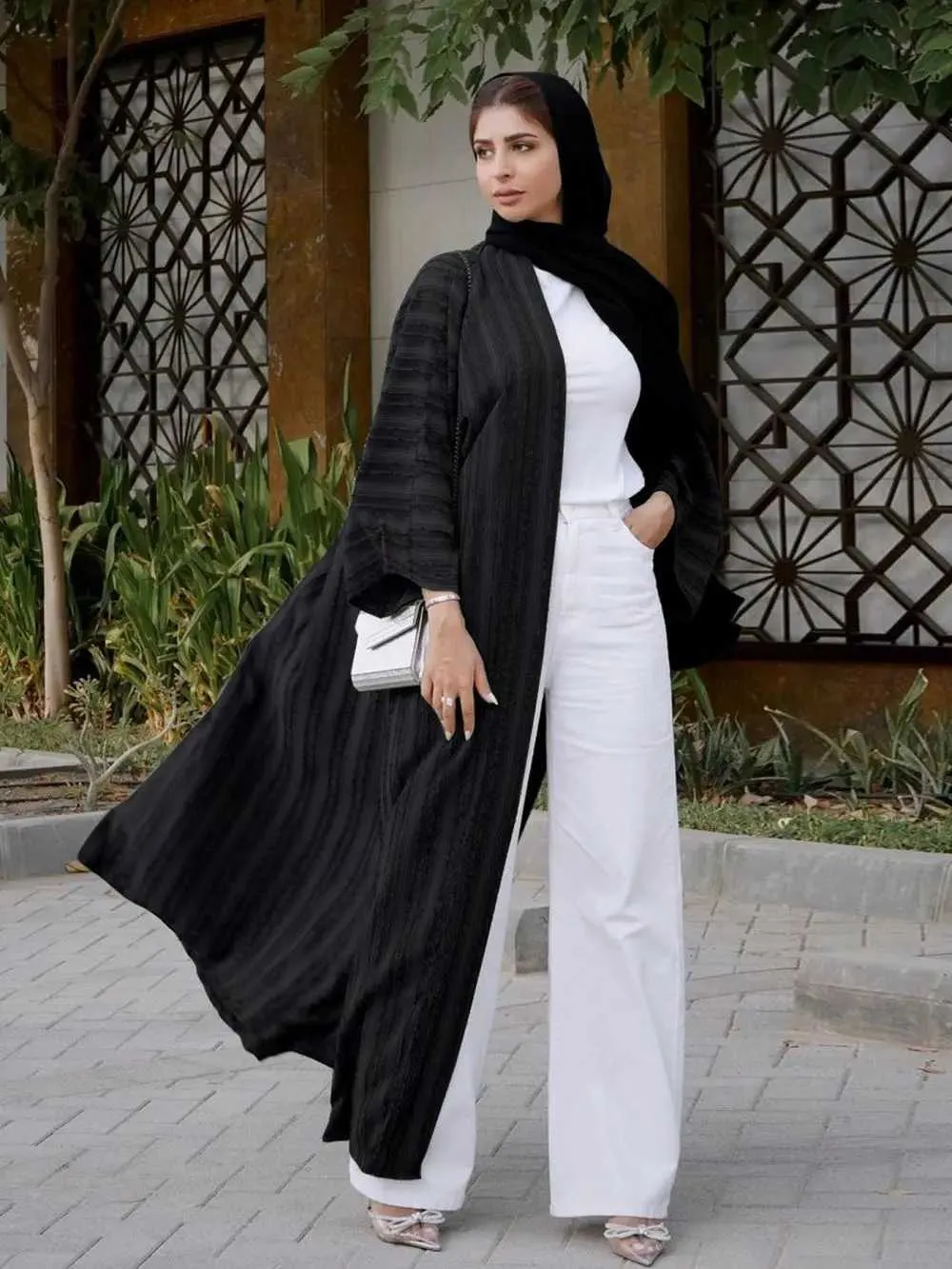 Roupas étnicas muçulmanas abertas quimono abaya listrado retro étnico cardigã túnica dubai dubai no Oriente Médio Arábia Saudita Eid Roupas Preto T240510