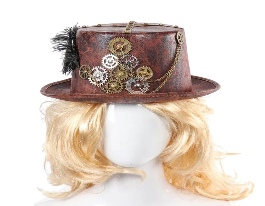 STEAMPUNK Retro Chapeaux Carnaval Cosplay Bowler Gear Gear Feather Decor Party Caps Halloween Brown Round Top Hats for Men Women T2004156771