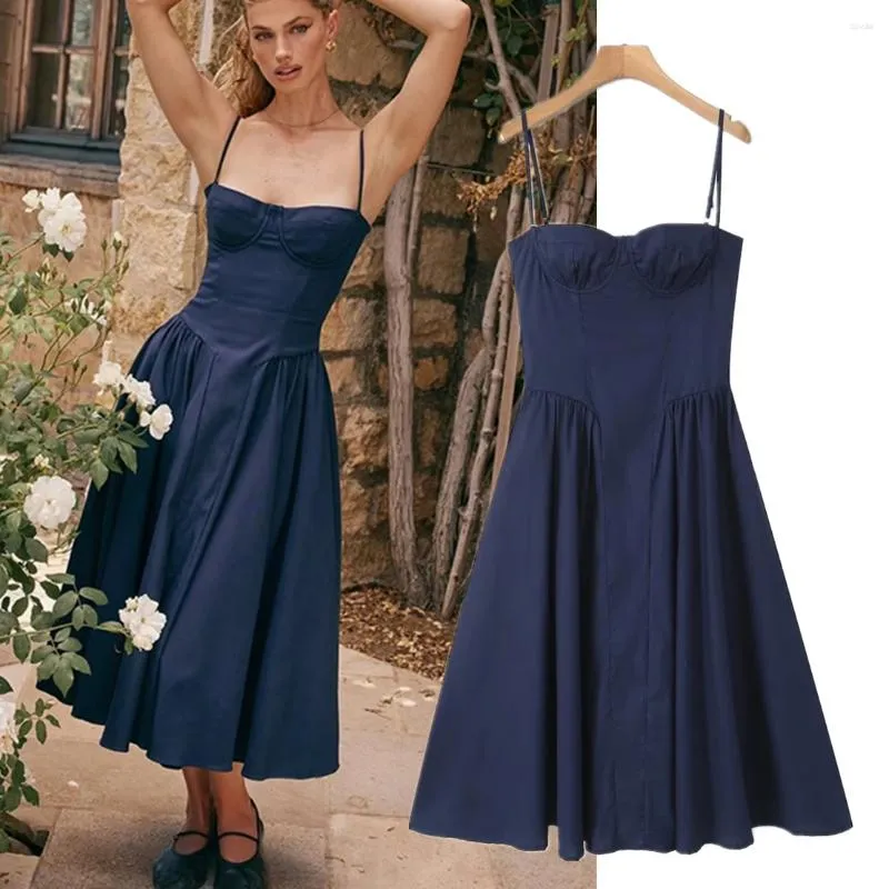 Vestidos casuales de moda de moda damas midi midi francés cuadrado retro cuello elegante correa azul marino mujeres