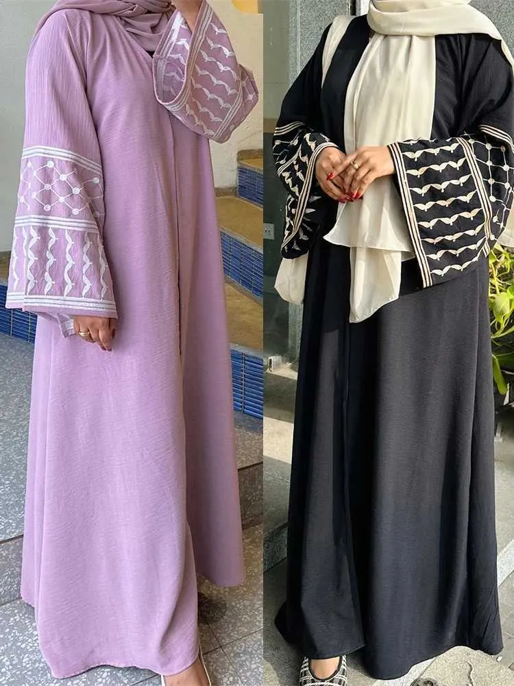 Ethnische Kleidung Leinen Schmetterling bestickt Open Kimono Abaya Dubai Luxus 2024 Islam Muslim Kaftan bescheidenes Kleid Ka Damen Robe Abayas Frauen T240510