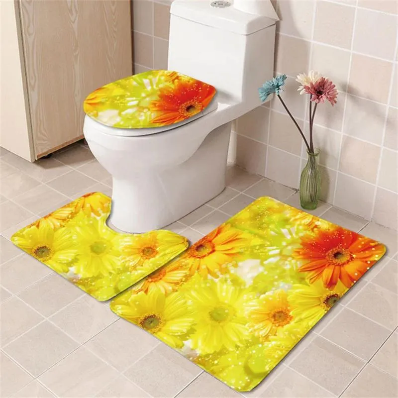 バスマット洗濯可能なバスルームセット黄色と赤い花柄の滑り止めカーペットフロアマットトイレットシートスーパーソフト吸収水