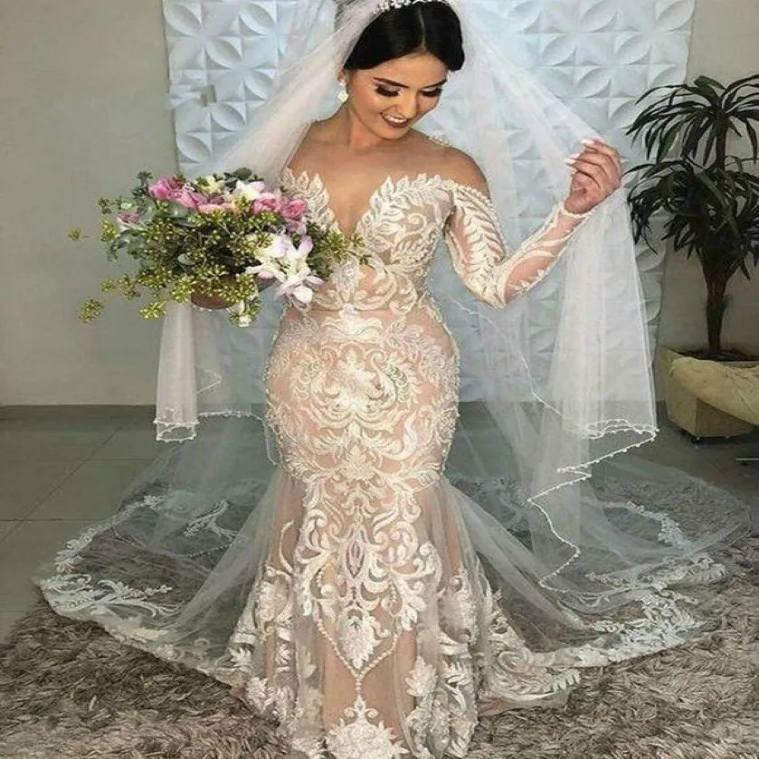 Abiti da sposa champagne Boho elegante pizzo sirena abito da sposa illusione collo a maniche lunghe da giardino da giardino da sposa 258k 258k