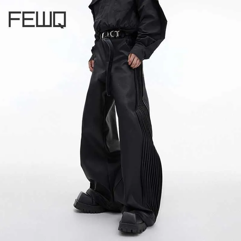 Men's Pants FEWQ Fashion Mens PU Leather Pants Deconstructed Wrinkle Loose Texture Straight Wide Legs Trousers Solid Color Design 24X1703L2405