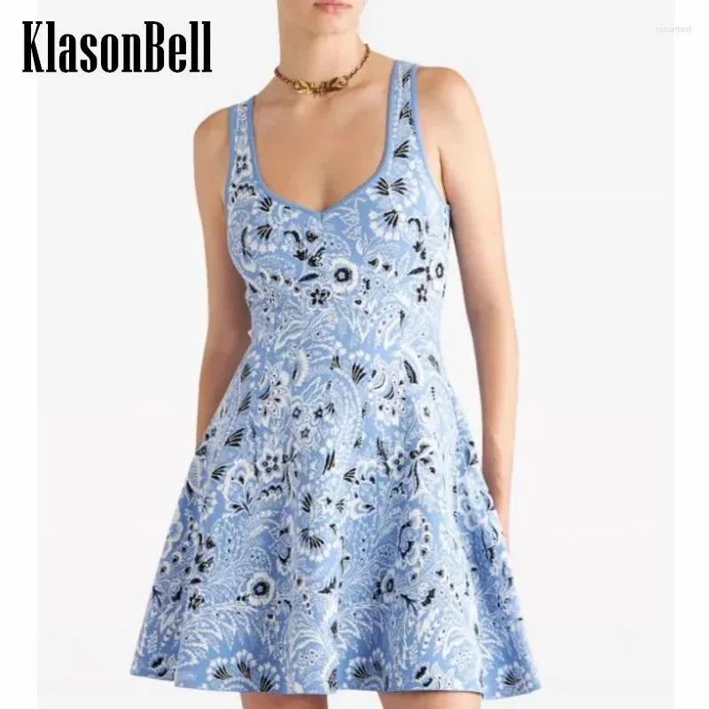 Lässige Kleider 1,3 Klasonbell Mode Frauen Hochdrucken gestrickt V-Ausschnitt Ärmellose Mini-Kleid Female Chic Jacquard Tank Pass