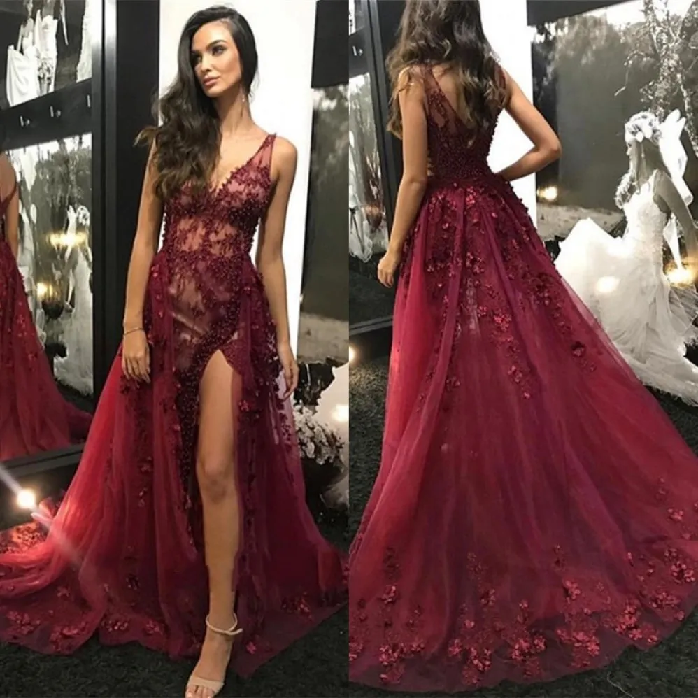 Red V pescoço elegante vestidos de baile de renda Apliques laterais dividem mulheres vestidos de festas longos trens de varredura 2019 vestidos de noite simples 174z