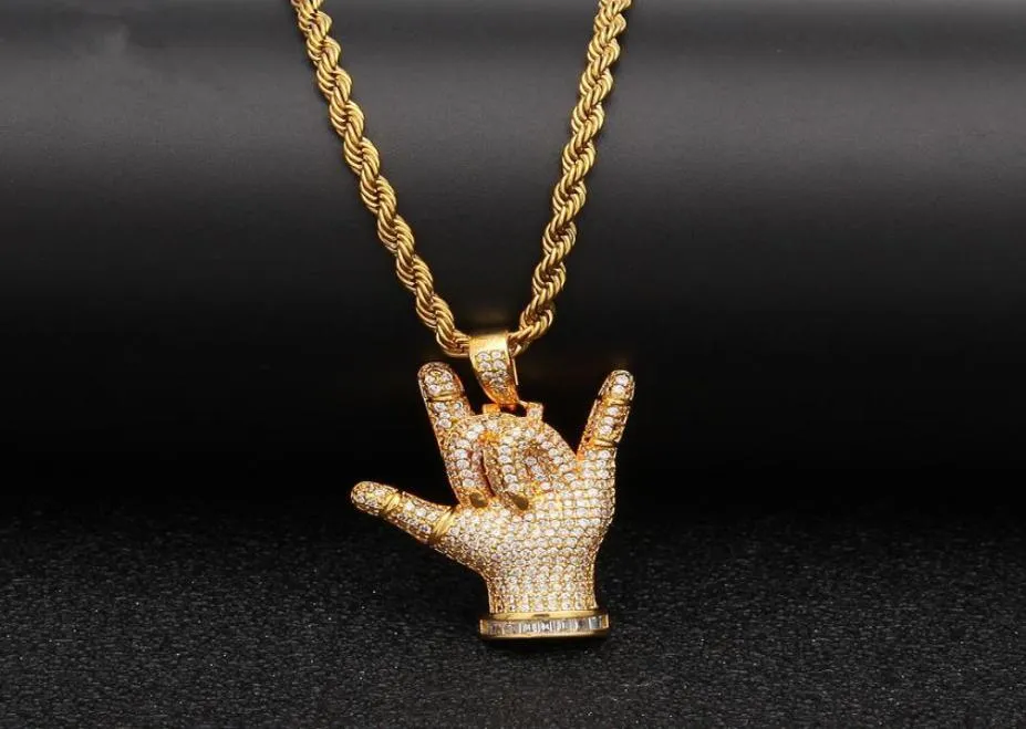 Hip Hop Iced Out I Love You Gesture Pendant Necklace Gold Silver Plated Micro Paved Zircon Ice Jewelry for Women Gift4172946