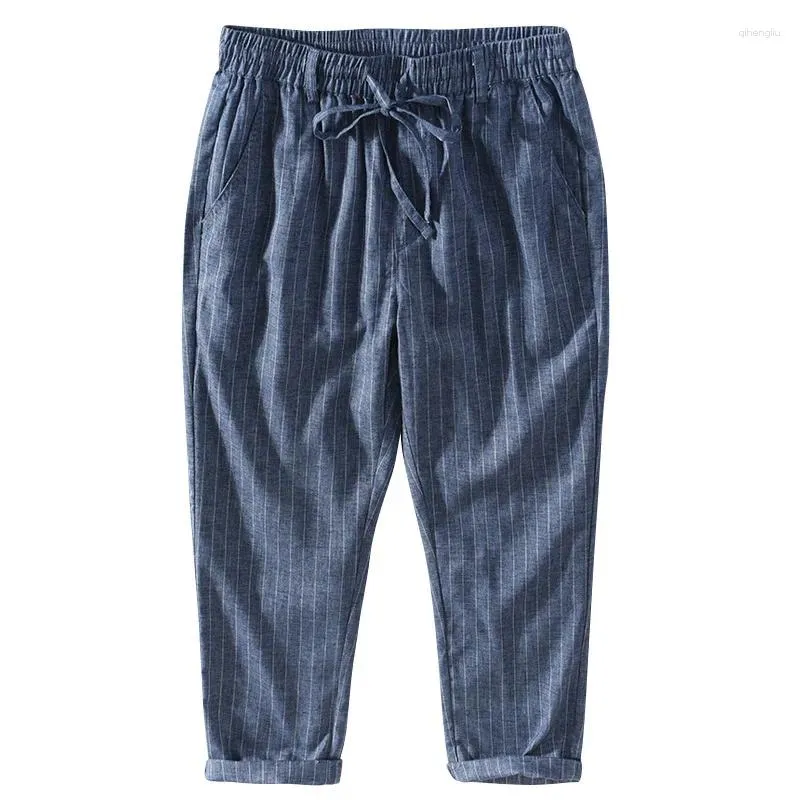 Men's Pants Spring And Summer Linen Cropped For Thin Youth Casual Striped Elastic Waistband Tied