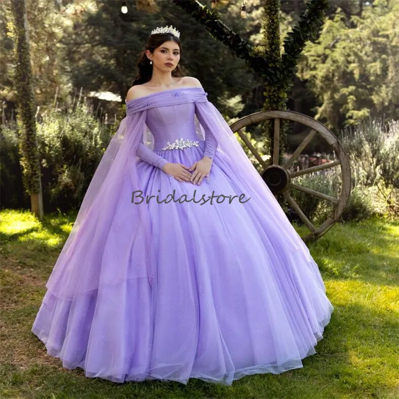 Fairy lilas quinceanera robes 2024 au large des épaules élégantes à manches longues perlé seize robe d'anniversaire magnifique vestido 15 anos sateuse robe de fête de bal mascarade