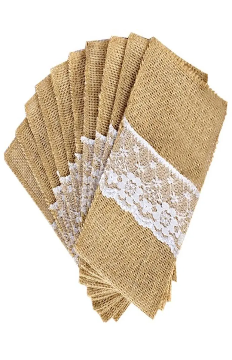 Nouveau design 100pcs lot de toile de jute de toile de jute Vintage Shabby Chic Jute Lace Varelle Pouchage Emballage Fork Knife Pocket Home Texti4241919