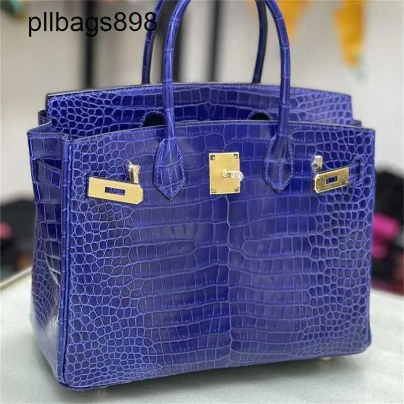 Femmes brkns sac à main en cuir authentique 7a Handswen High Gloss Bay Crocodile Skin 30 avec luxe léger électrique bleu en cuir 0uon