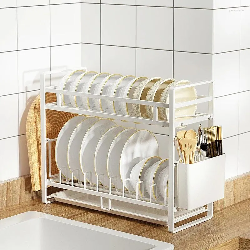 Kitchen Storage Dish Drainer Large Capacity Carbon Steel Countertop Plate Drainage Rack Knife And Fork Cylinder Supplies