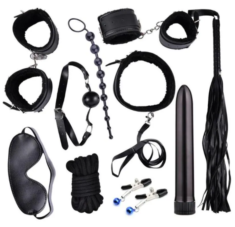 10pcset vibrator bondage bdsm fetisch mask sex leksaker för par anal plug flirt hand cuff krage nippel klämpärlor vibratorer2274716