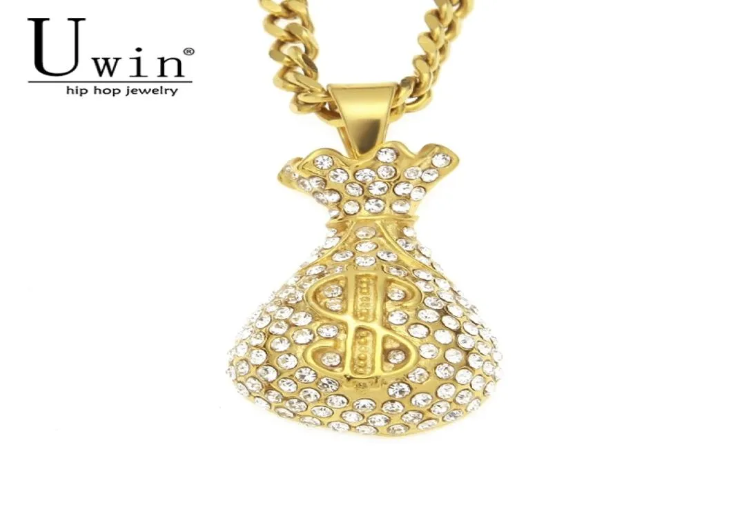 Uwin en acier inoxydable Dollar Sign Purse Gold Coins Sac Money Sac Pendant avec des charmes en strass Iced Out Collier Hip Hop 2010147457590