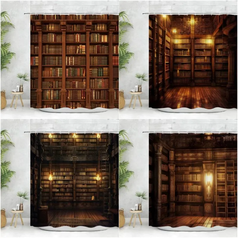 Занавески для душа винтажная библиотека завеса старая книжная книжная полка