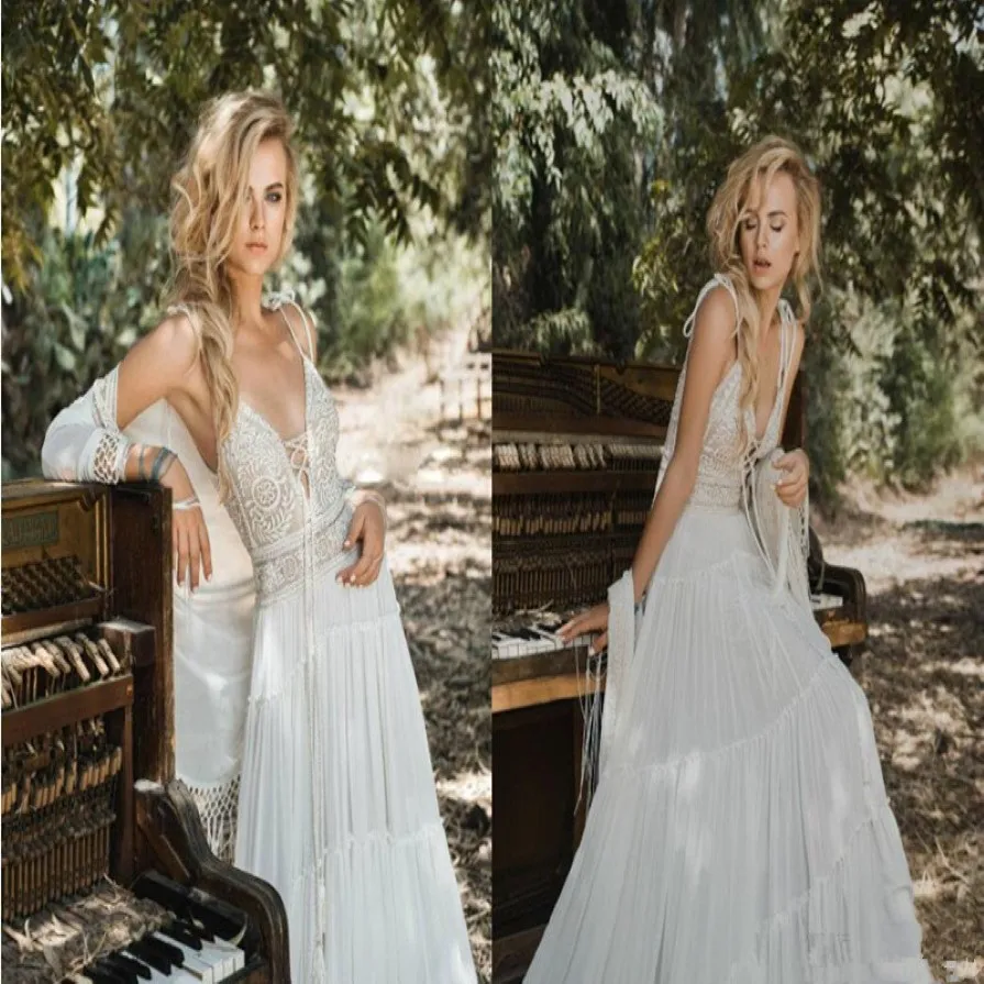 Inbal Raviv une ligne robes de mariée bohème spaghetti dentelle en mousseline V