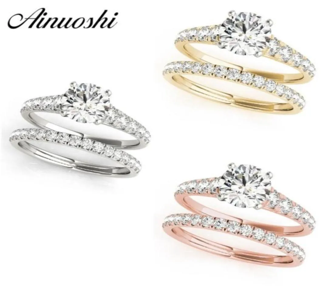 Ainuoshi 925 Sterling Silver Women Rings White Gold Yellow Gold Rose Gold Color Round Cut 1Ct Ring Set Engagement Silver Jewelry Y1365750