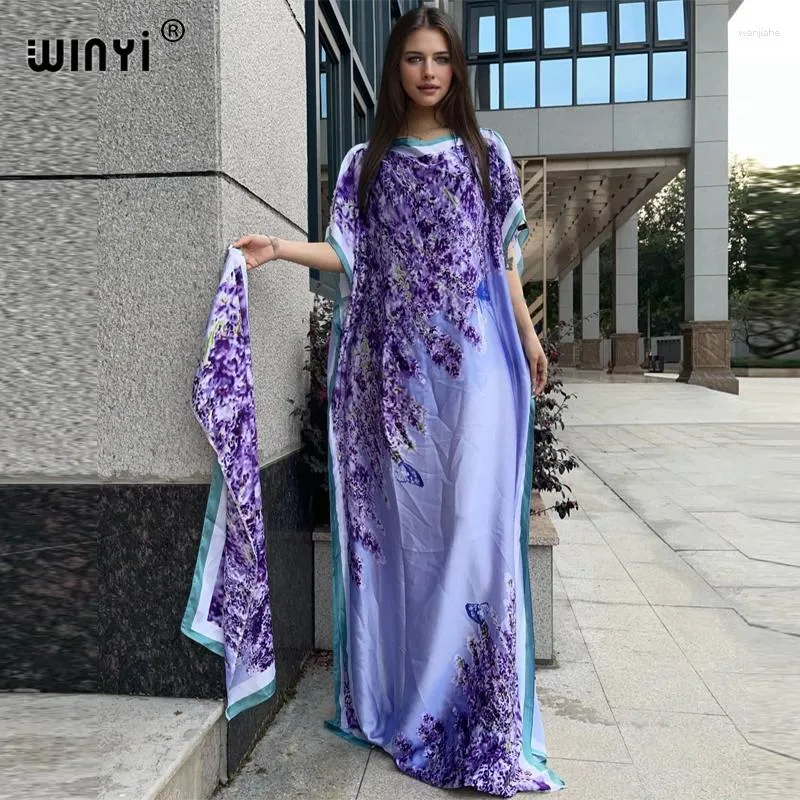 Vêtements ethniques Winyi 2024 Africain Women Dashiki Boho Print Muslim Femme Dubaï Design de taille libre avec foulard