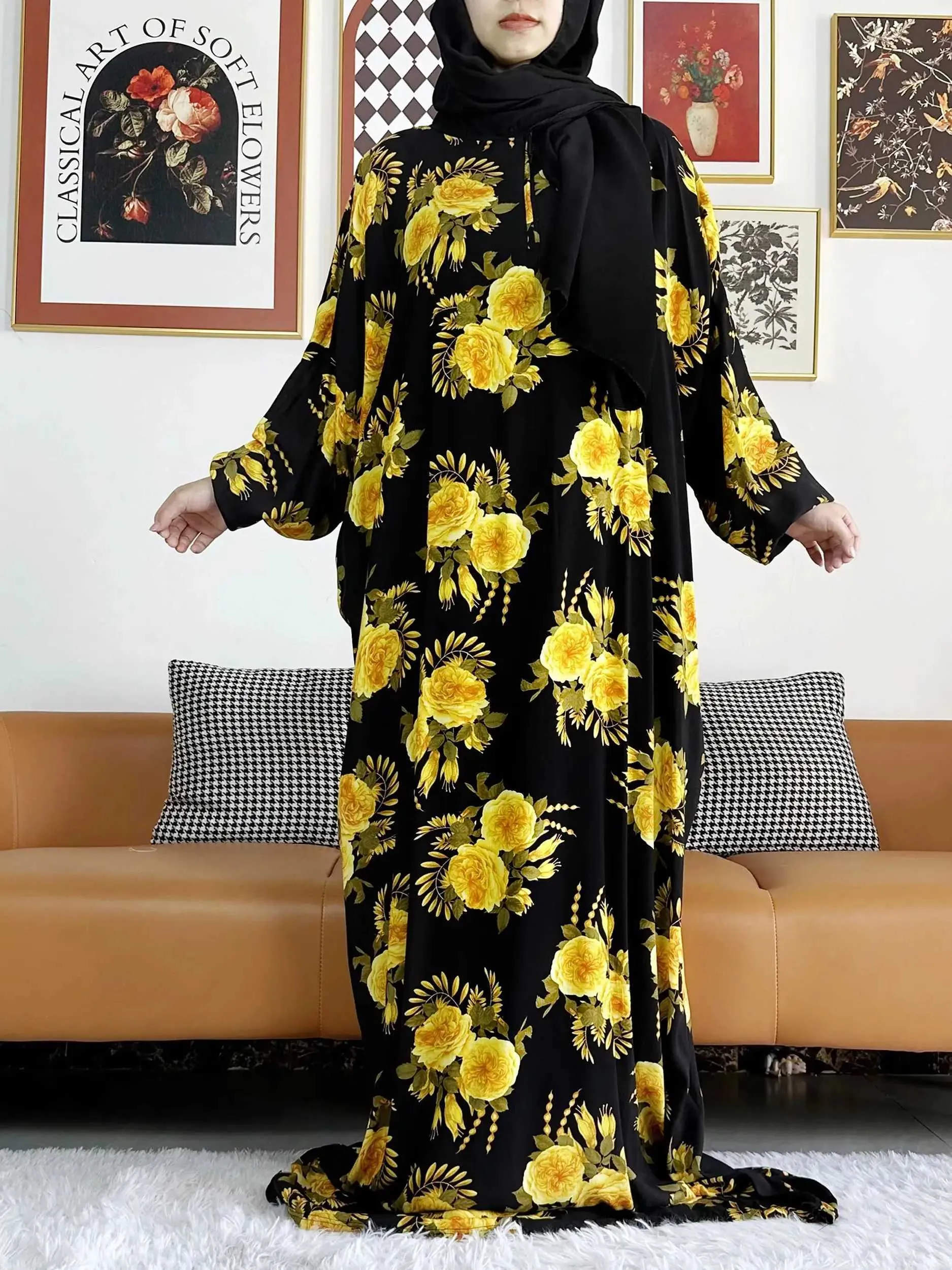 Etniska kläder Nyaste muslimska bomull Abayas för kvinnor Ramadan Bön Dubai Turkiet Mellanöstern Femme Robe Floral Loose African Dress Turban Joint T240510