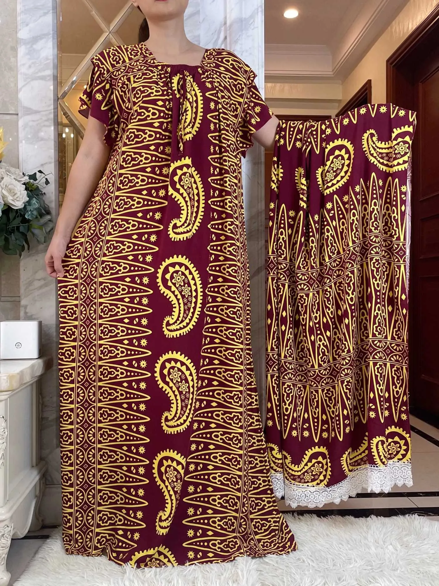 Etniska kläder Autumn Party Dubai Short Slve African Women Dresses With Big Scarf Printing Cotton Elegant Summer Maxi Casual Loose Abaya T240510