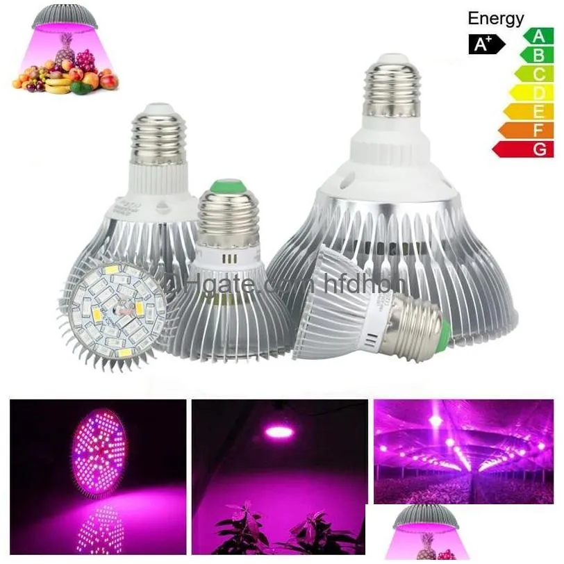 Grow Lights E27 LED-ljus 6W 10W 30W 50W 80W FL Spektrum LEDS 85-265V BBS för inomhus trädgårdsanläggningar blomma droppleveransbelysning DHEPI