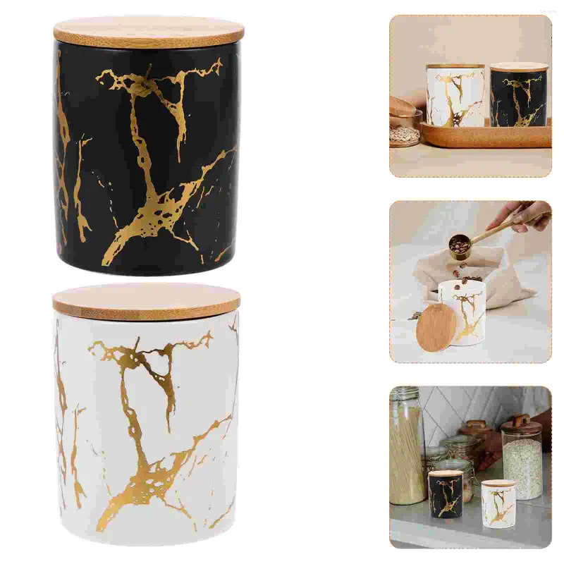 Storage Bottles 2 Sets Marble Pattern Ceramic Pot Food Containers Lids Jars Tea Sealed Canisters Bamboo Coffee Bean