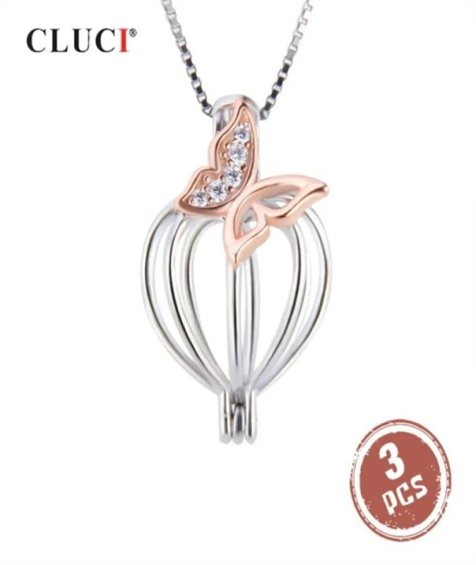 Cluci 3pcs Silber 925 Roségold Anhänger Locket Frauen Schmuck 925 Sterling Silber Zirkon Schmetterling Pearl Cage Anhänger SC364SB 021329991392