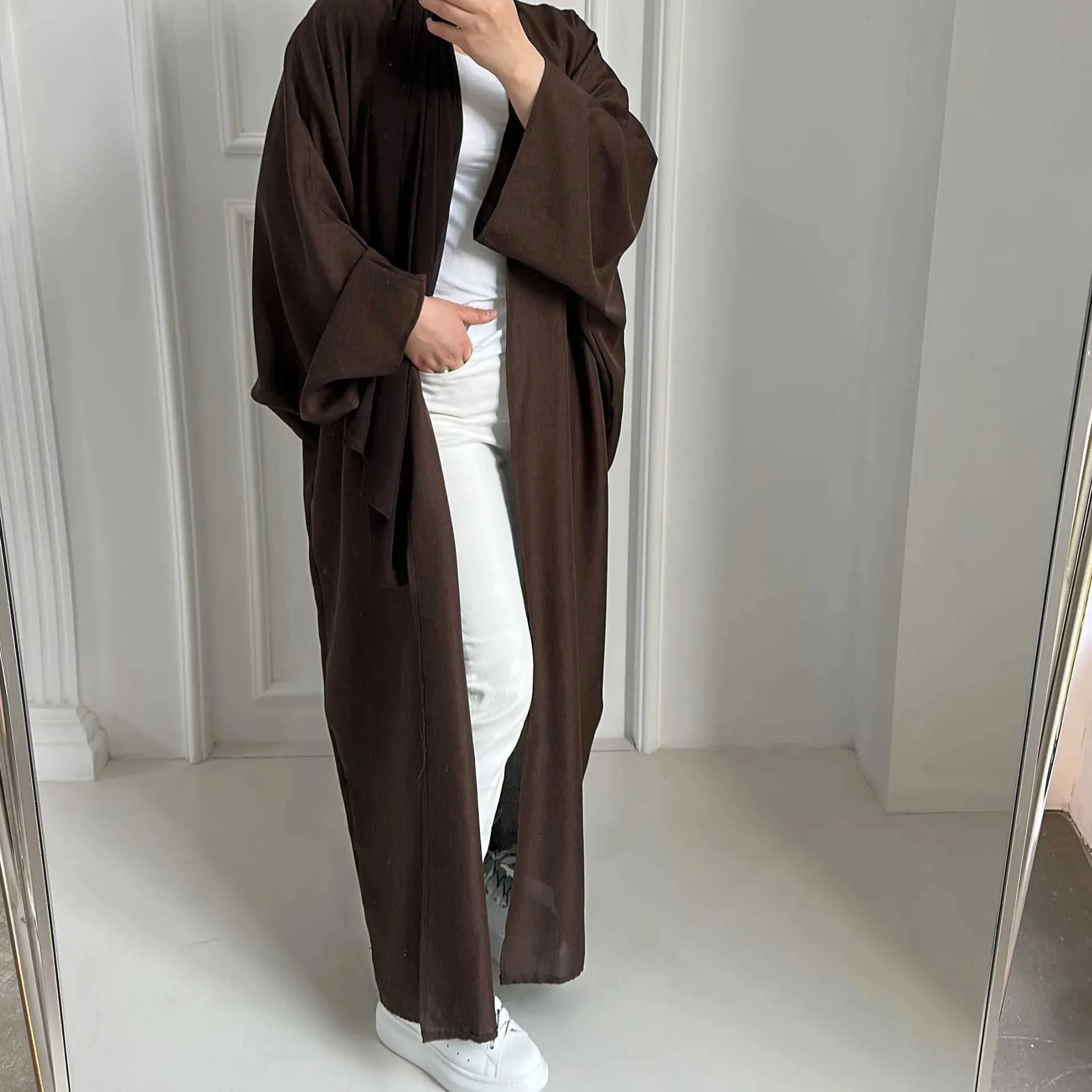 Abbigliamento etnico Modest Abaya Kimono Dubai Muslim Cardigan Abayas Women Casual Female Islam vestiti Linen Blend Oversize Coats T240510