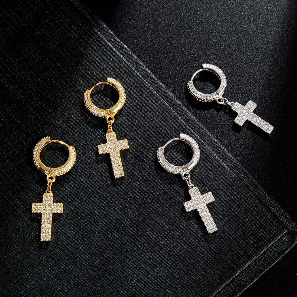 Hip Hop Cubic Zirconia Bling Iced Out Stud Cross Earring Goudzilver koperen oorbellen voor mannen Rock sieraden 327D