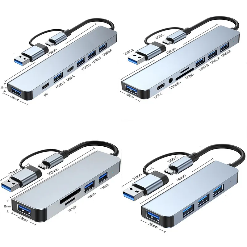Hög kvalitet 8 i 1 USB Hub 3.0 Multiport Dock Station Type C Splitter 5W PD Adaptador för Lenovo MacBook Pro Computer Hubs Tillbehör