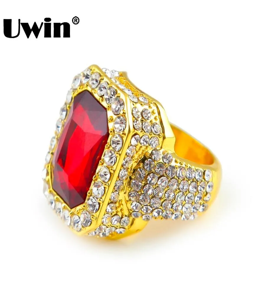 Men39s Gold Color Hip Hop Iced Red Stone CZ Ring Grootte Beschikbare luxe vrouw Ring Heren Fashion Finger Bling Hip Hop Ring3288059