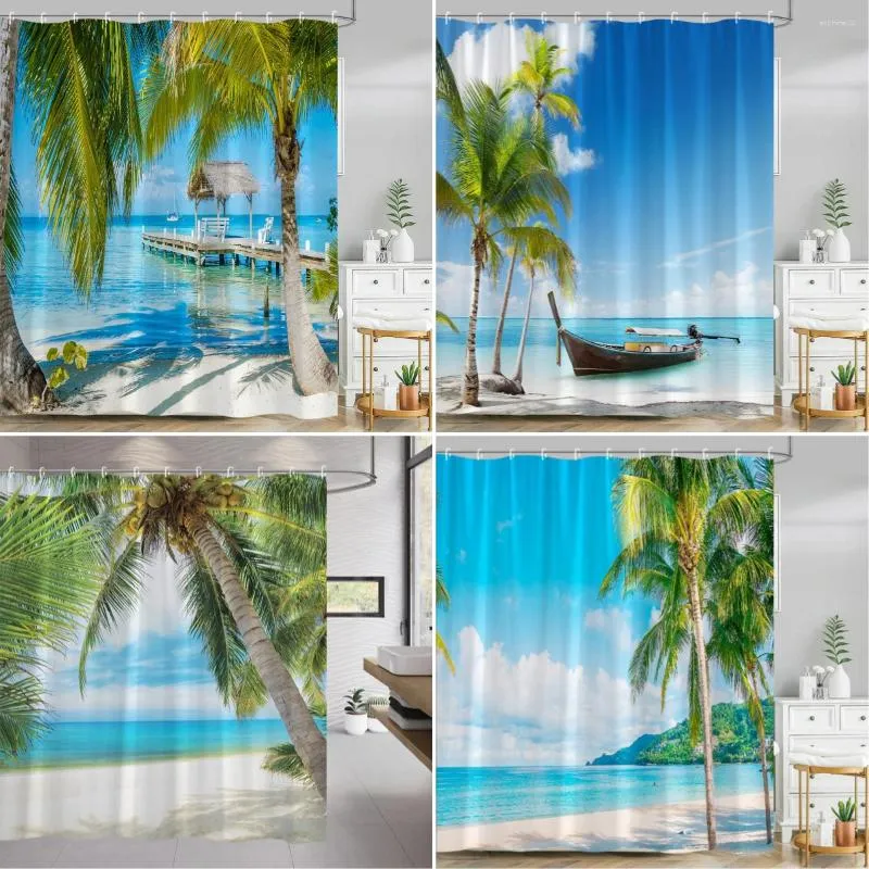 Cortinas de chuveiro cortina de praia oceânica litoral 3d ondas tropicais folhas solar cenário de barcos de pneuses de póstia de polyster decoração de banheiro