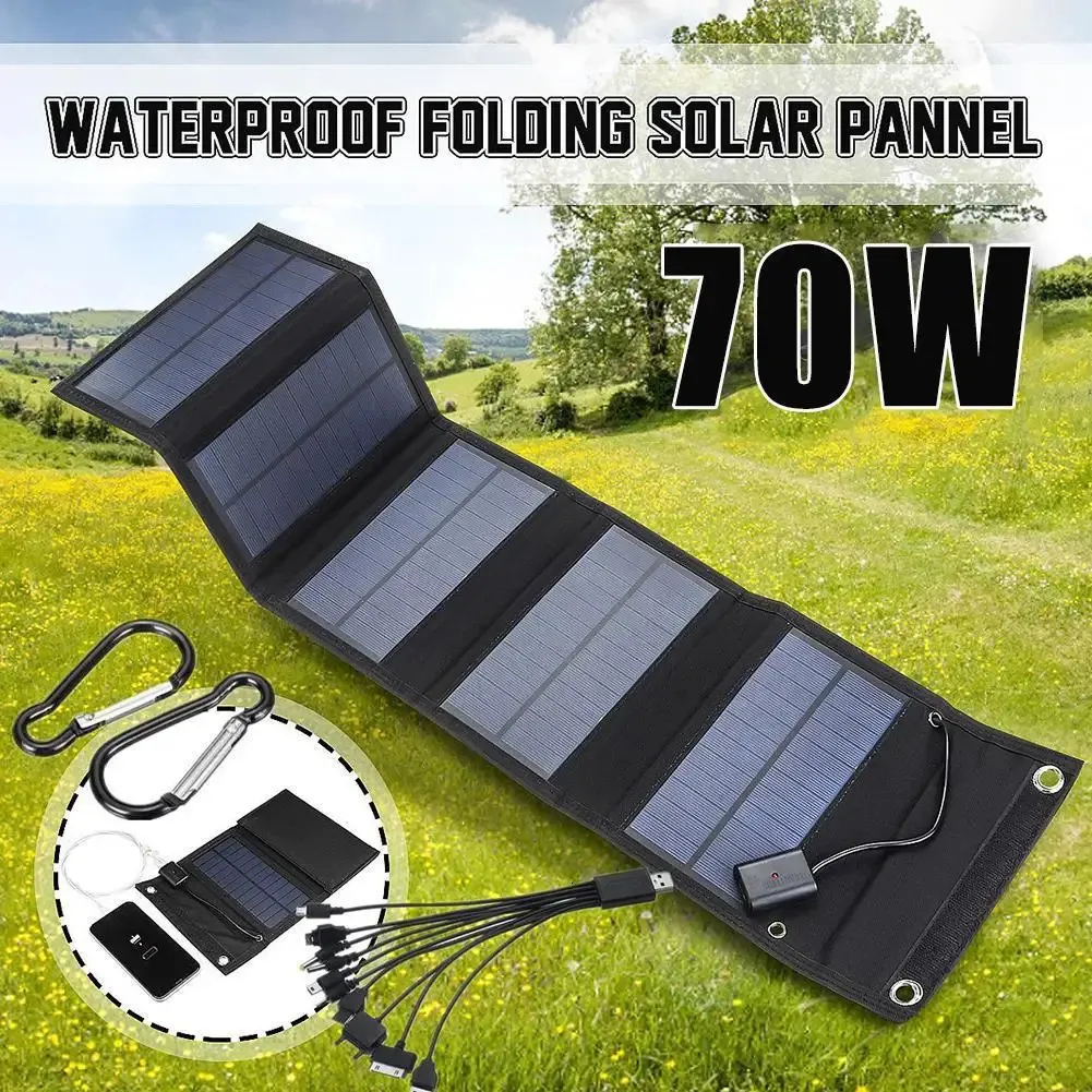 70W fällbar solpanel 5V USB Portable Batteriladdare för mobiltelefon utomhusvattentät kraftbank campingtillbehör 240430