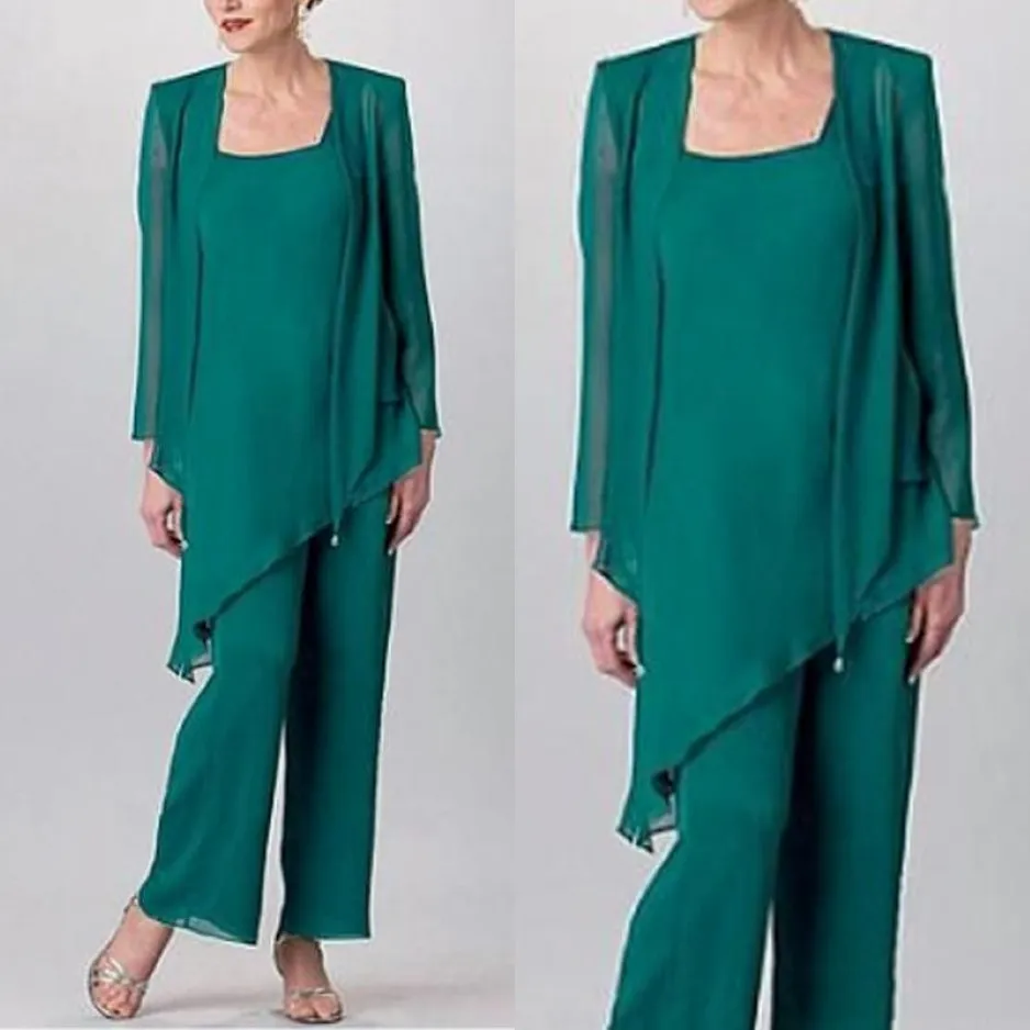 Hunter Green Mother of the Bride Pant Suit Simple Chiffon Long Sleeve Custom Made Wedding Guest Jurken 3134