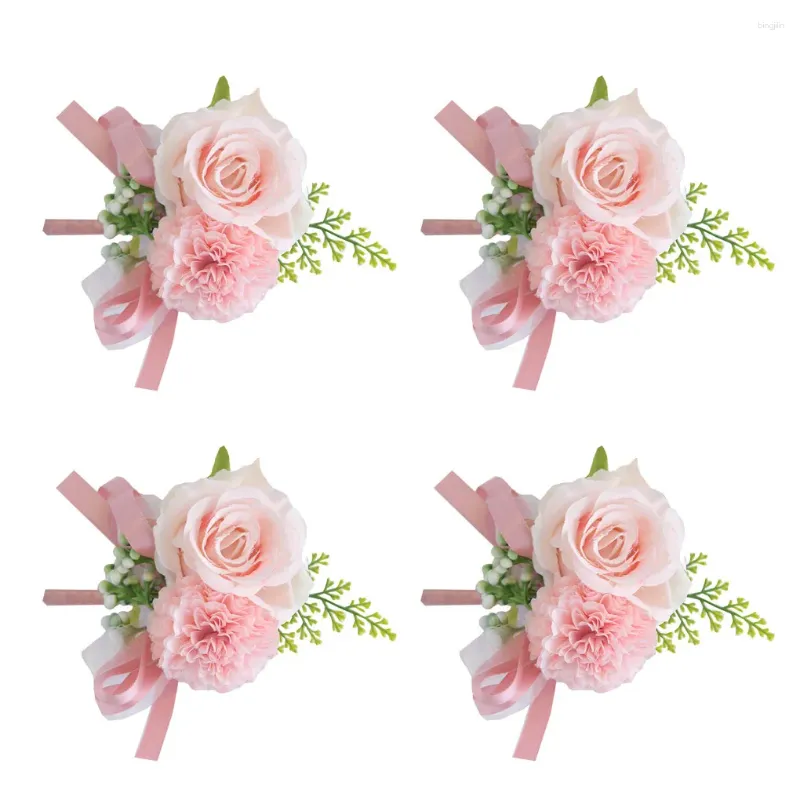 Fleurs décoratives 4pcs Fleur artificielle boutonniere ruban Broche corsages de marié fête