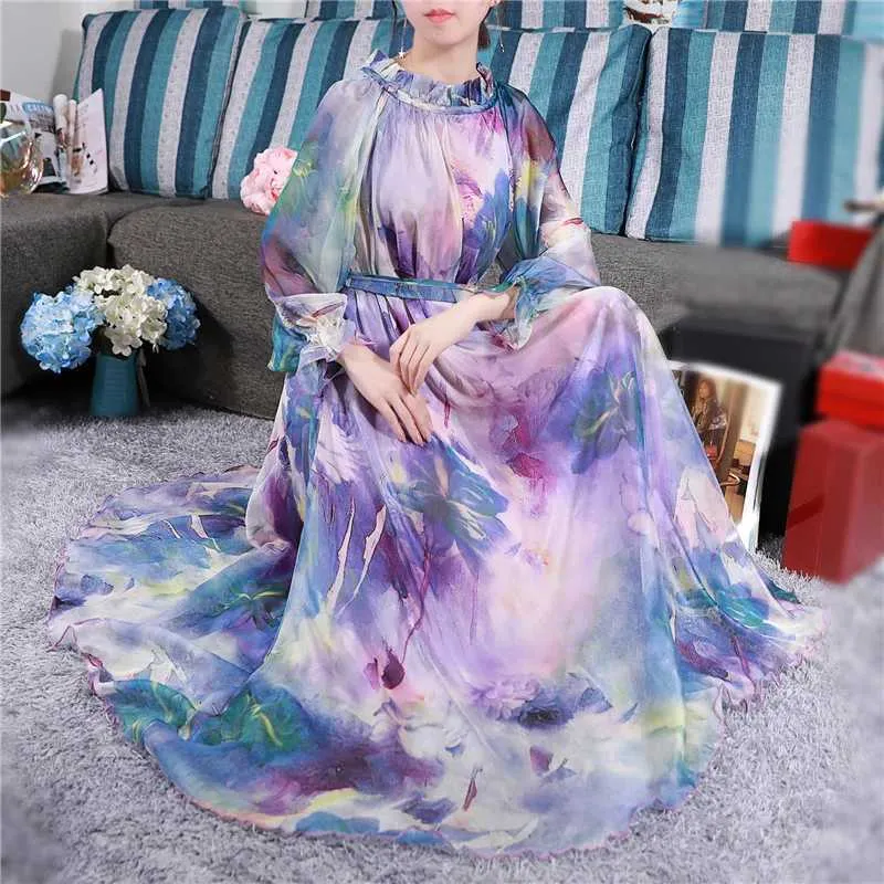 Urban Sexy Dresses Bohemian Runway Maxi Dress Plus Size Womens Long Slve Ruffle Vintage Floral Print Chiffon Party Holiday Long Maxi Dress Robe T240510