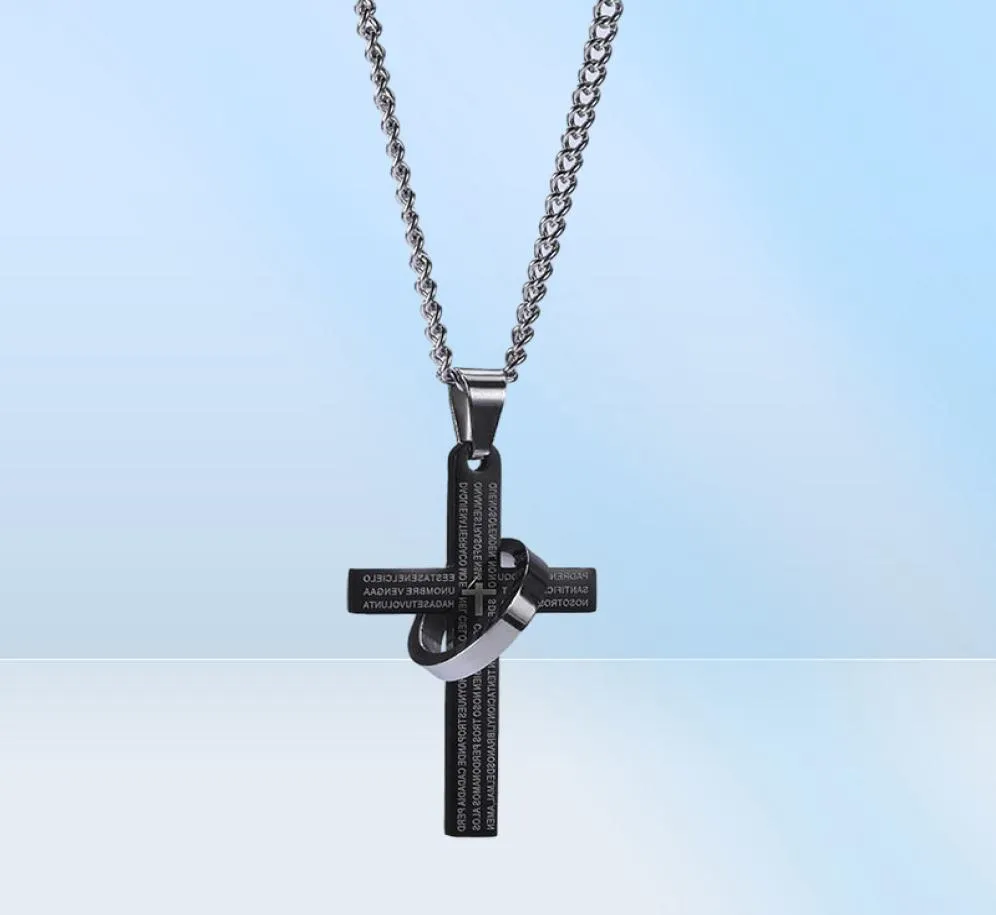 Fashion Mens Silver Chain Bible Ring Cross Pendants Collier Hip Hop Bijoux en acier inoxydable Colliers noirs punk pour M5169007